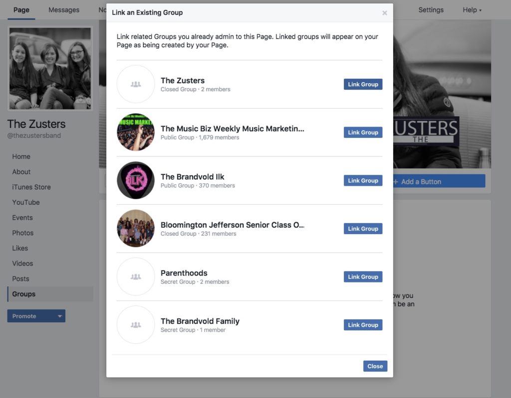 select facebook group to link to facebook page